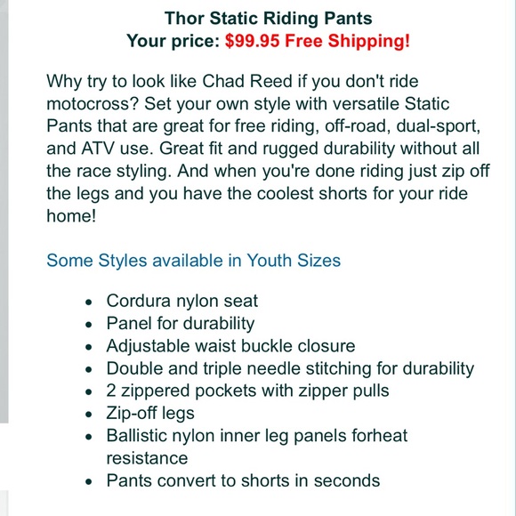Thor Static Riding Convertible Pants ATV Motorcycle Size 28 *** Flaw*** - Picture 5 of 6